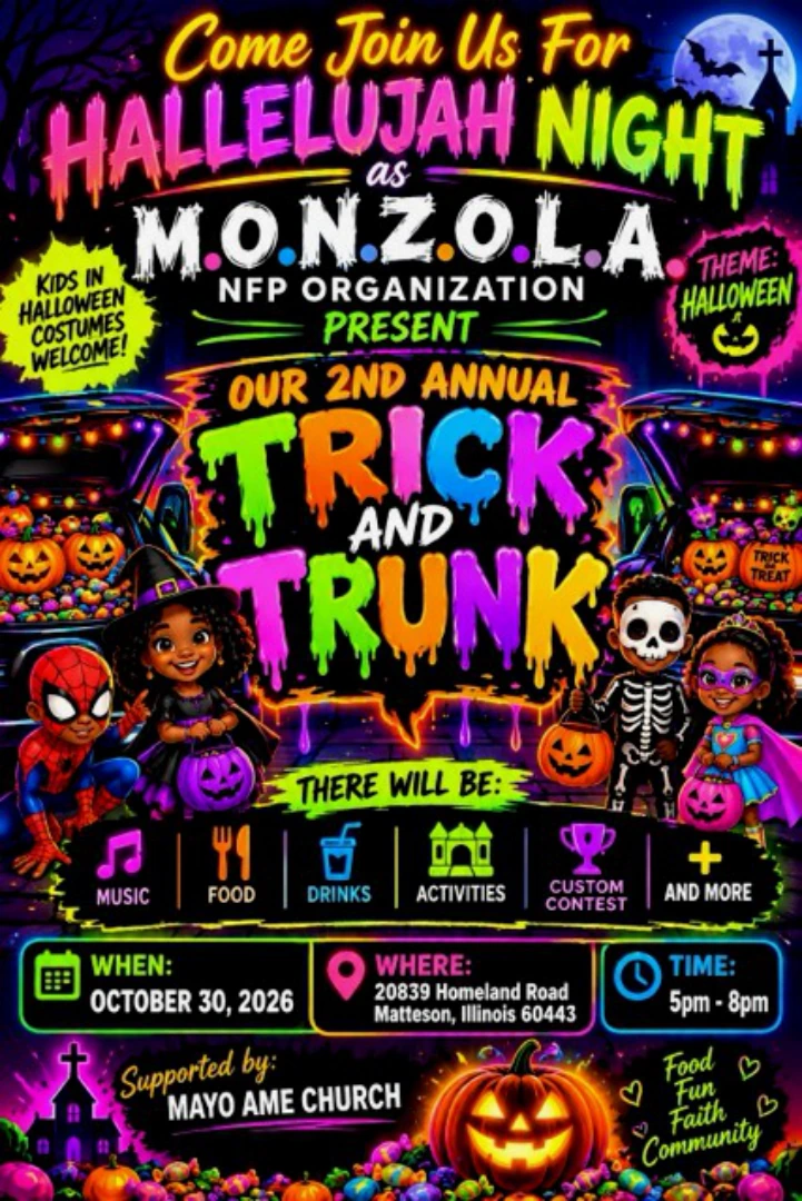 2026 Hallelujah Night Trick and Trunk flyer — Friday, October 30, 2026, 5 PM to 8 PM, Matteson, Illinois