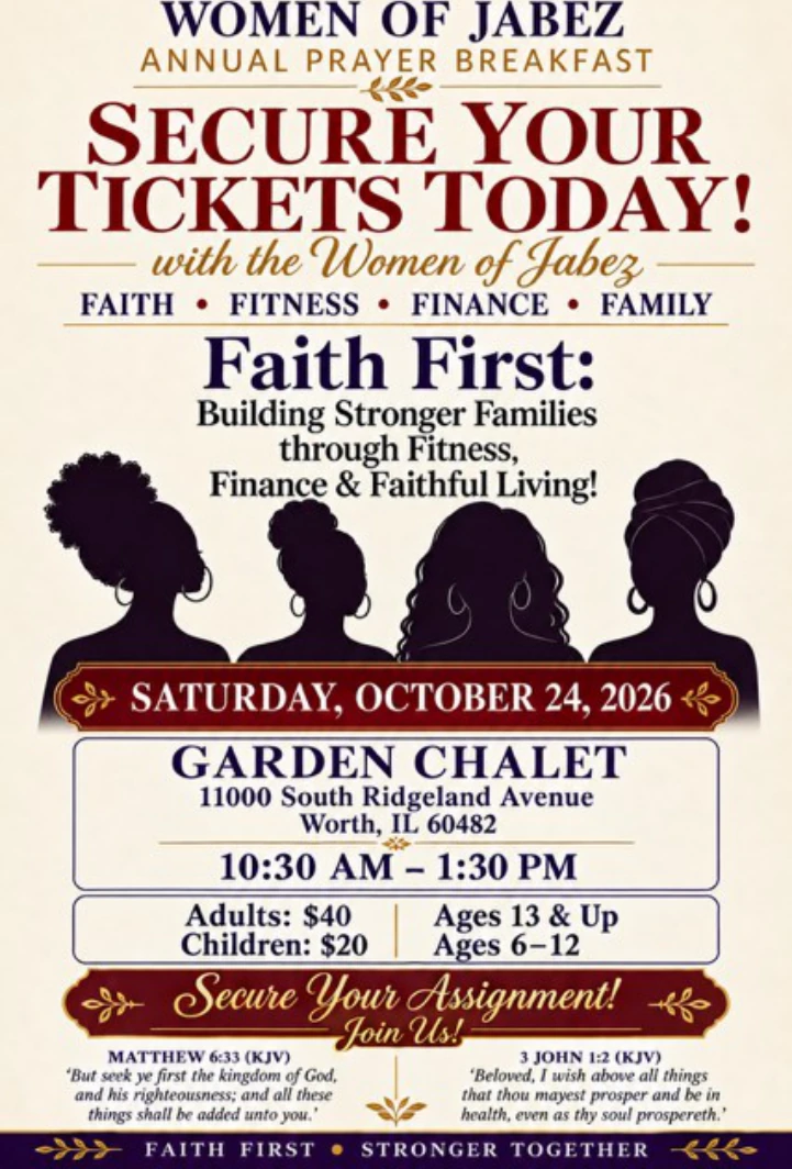2026 Women of Jabez Annual Prayer Breakfast flyer — Saturday, October 24, 2026, 10:30 AM to 1:30 PM at Garden Chalet in Worth, Illinois
